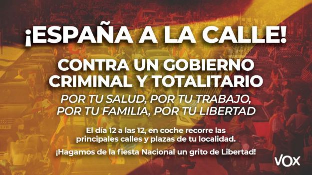 Vox anima a los españoles a echarse a las calles 'en coche y con la bandera de la libertad, la de España'