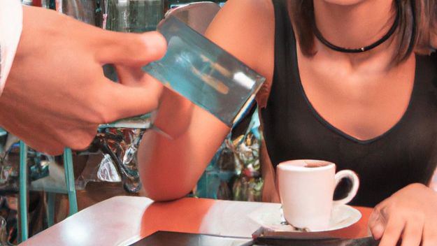 Una mujer joven está intentando pagar con tarjeta. El camarero le dice que no aceptan tarjetas y ella se ve obligada a sacar dinero en efectivo para pagar.
