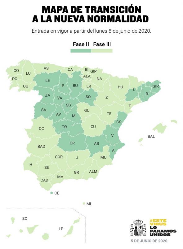 España dividida a partir del lunes entre la fase 2 y la 3 del plan de desescalada