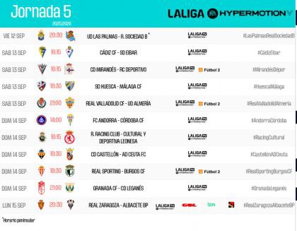 LALIGA HYPERMOTION 2025/26: Horarios de la jornada 5 confirmados